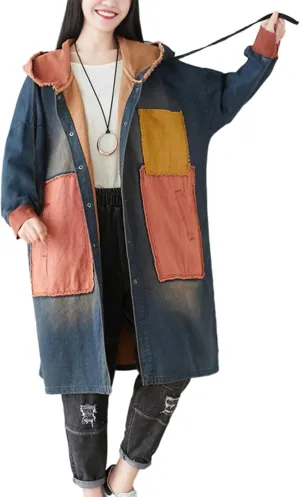 LUZU JUNU Women Fashion Loose Distressed Denim Trench Jacket Coat Casual Bohemian Jean Hooded Outwear with Pockets