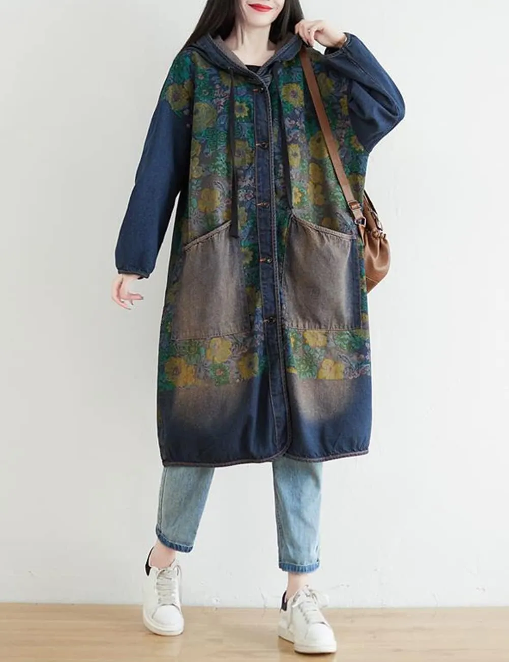 LUZU JUNU Women Fashion Loose Distressed Denim Trench Jacket Coat Casual Bohemian Jean Hooded Outwear with Pockets