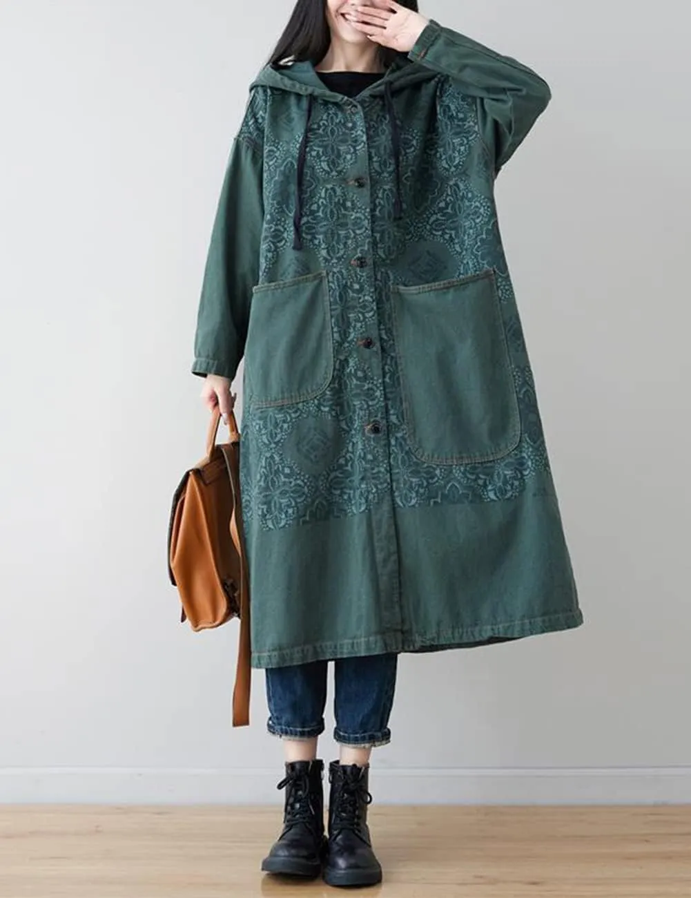 LUZU JUNU Women Fashion Loose Distressed Denim Trench Jacket Coat Casual Bohemian Jean Hooded Outwear with Pockets