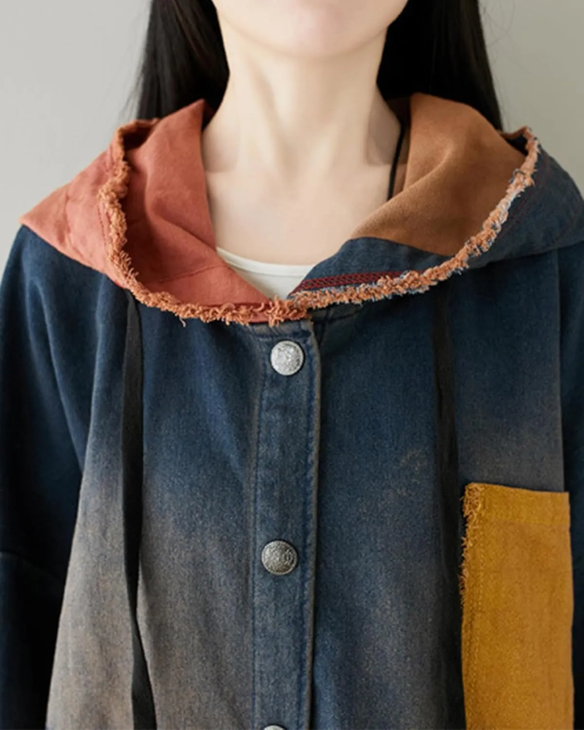 LUZU JUNU Women Fashion Loose Distressed Denim Trench Jacket Coat Casual Bohemian Jean Hooded Outwear with Pockets