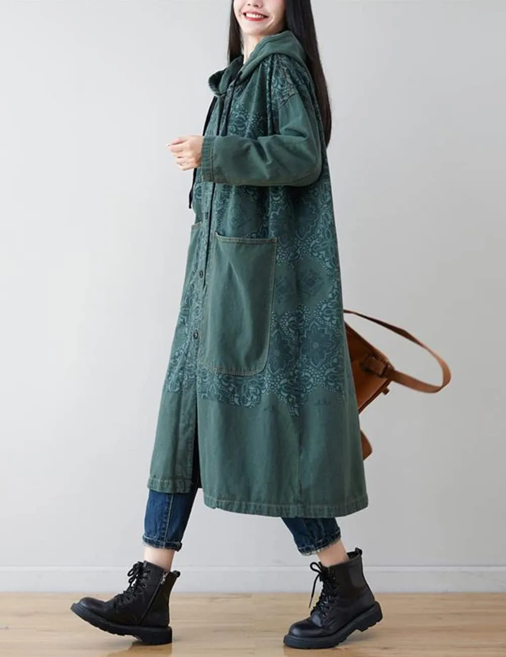 LUZU JUNU Women Fashion Loose Distressed Denim Trench Jacket Coat Casual Bohemian Jean Hooded Outwear with Pockets