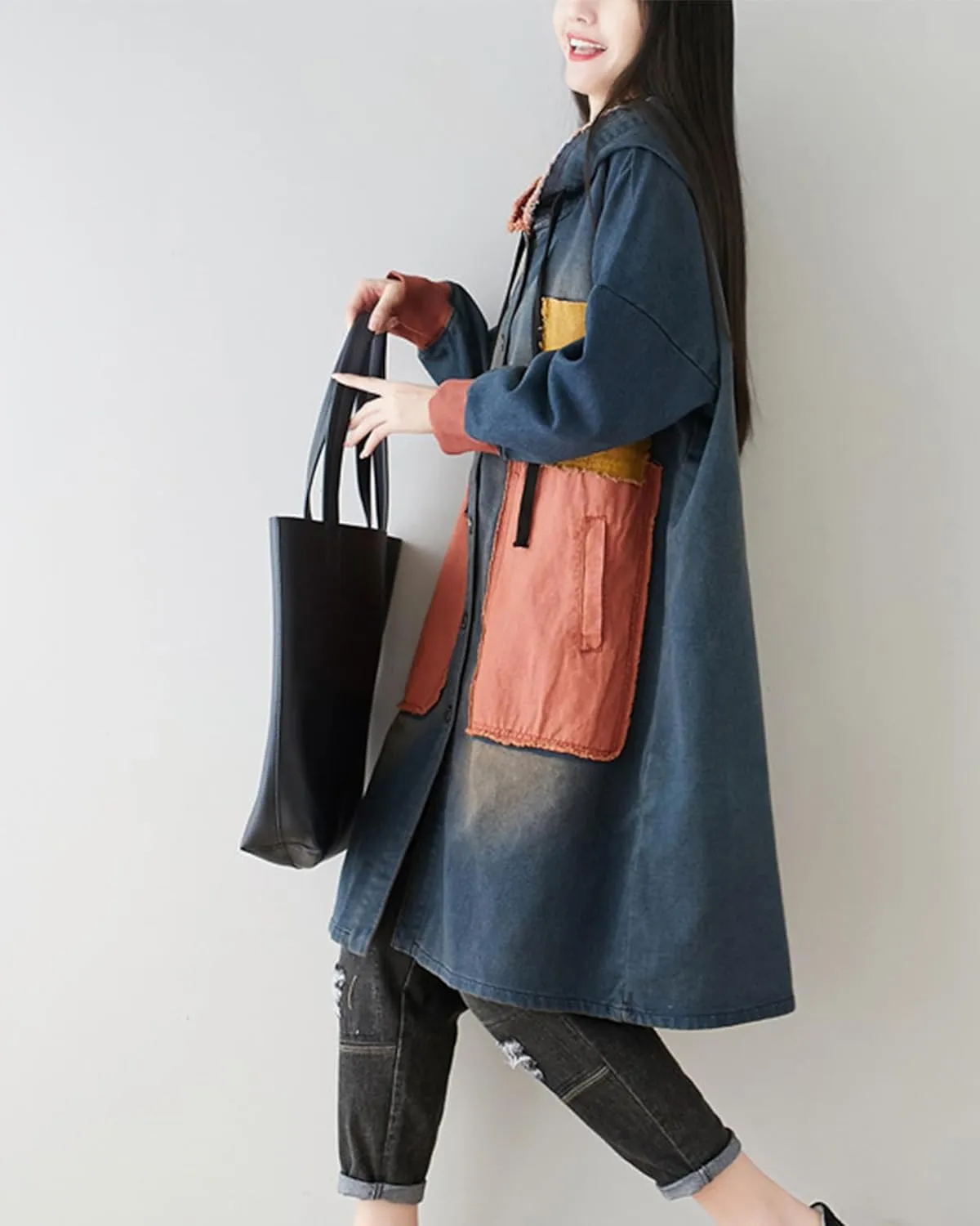 LUZU JUNU Women Fashion Loose Distressed Denim Trench Jacket Coat Casual Bohemian Jean Hooded Outwear with Pockets