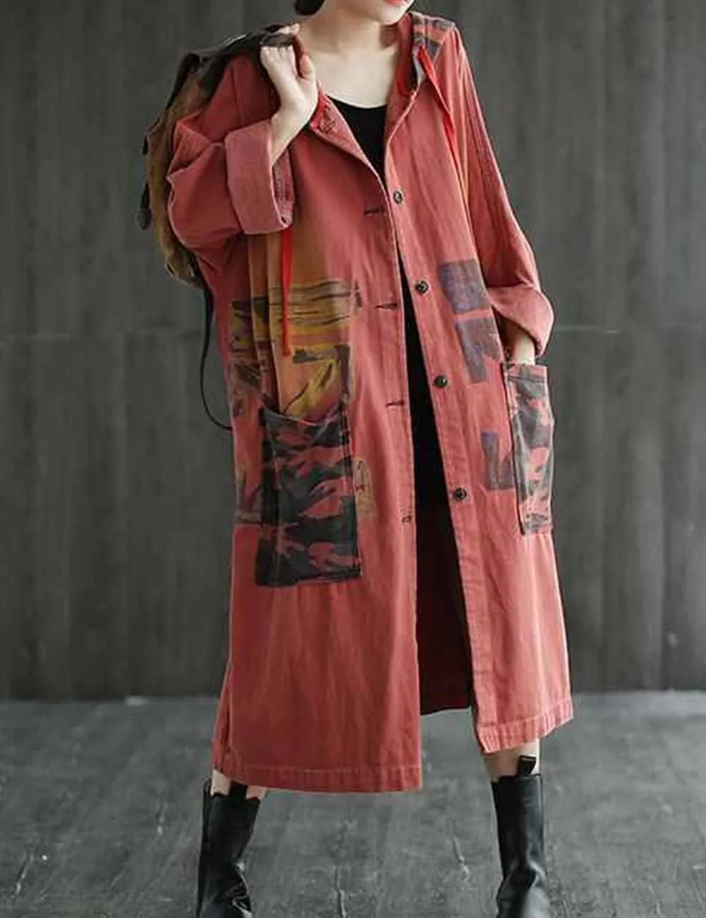 LUZU JUNU Women Fashion Loose Distressed Denim Trench Jacket Coat Casual Bohemian Jean Hooded Outwear with Pockets