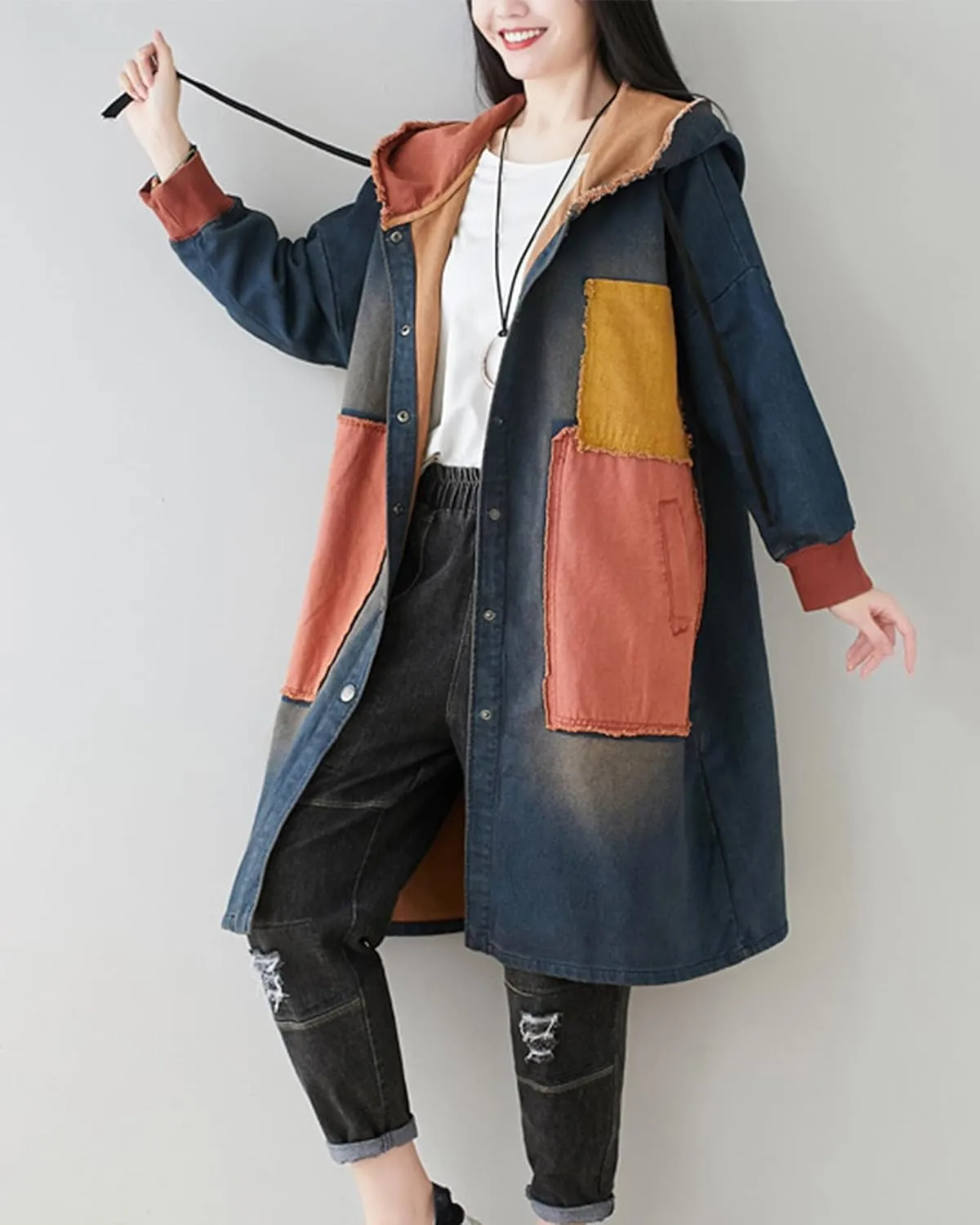 LUZU JUNU Women Fashion Loose Distressed Denim Trench Jacket Coat Casual Bohemian Jean Hooded Outwear with Pockets