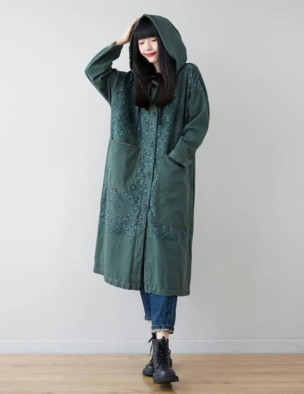 LUZU JUNU Women Fashion Loose Distressed Denim Trench Jacket Coat Casual Bohemian Jean Hooded Outwear with Pockets