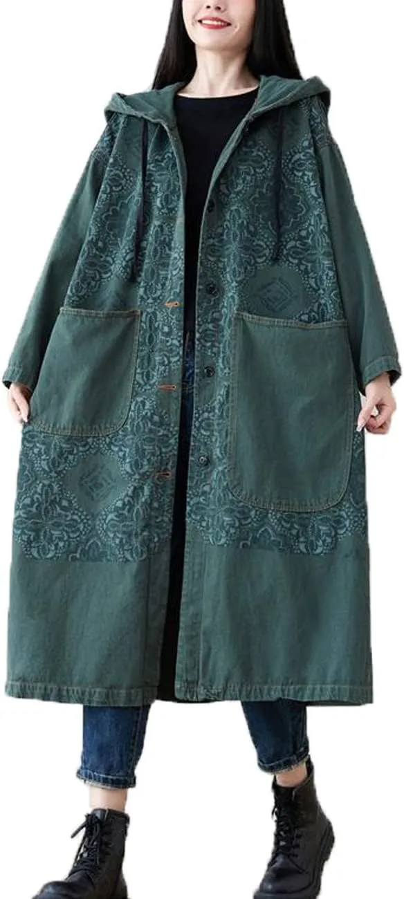 LUZU JUNU Women Fashion Loose Distressed Denim Trench Jacket Coat Casual Bohemian Jean Hooded Outwear with Pockets