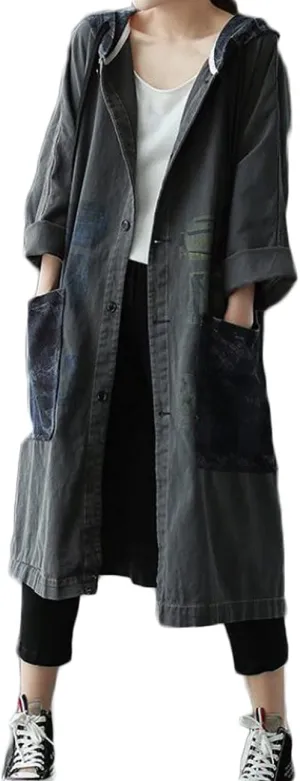 LUZU JUNU Women Fashion Loose Distressed Denim Trench Jacket Coat Casual Bohemian Jean Hooded Outwear with Pockets