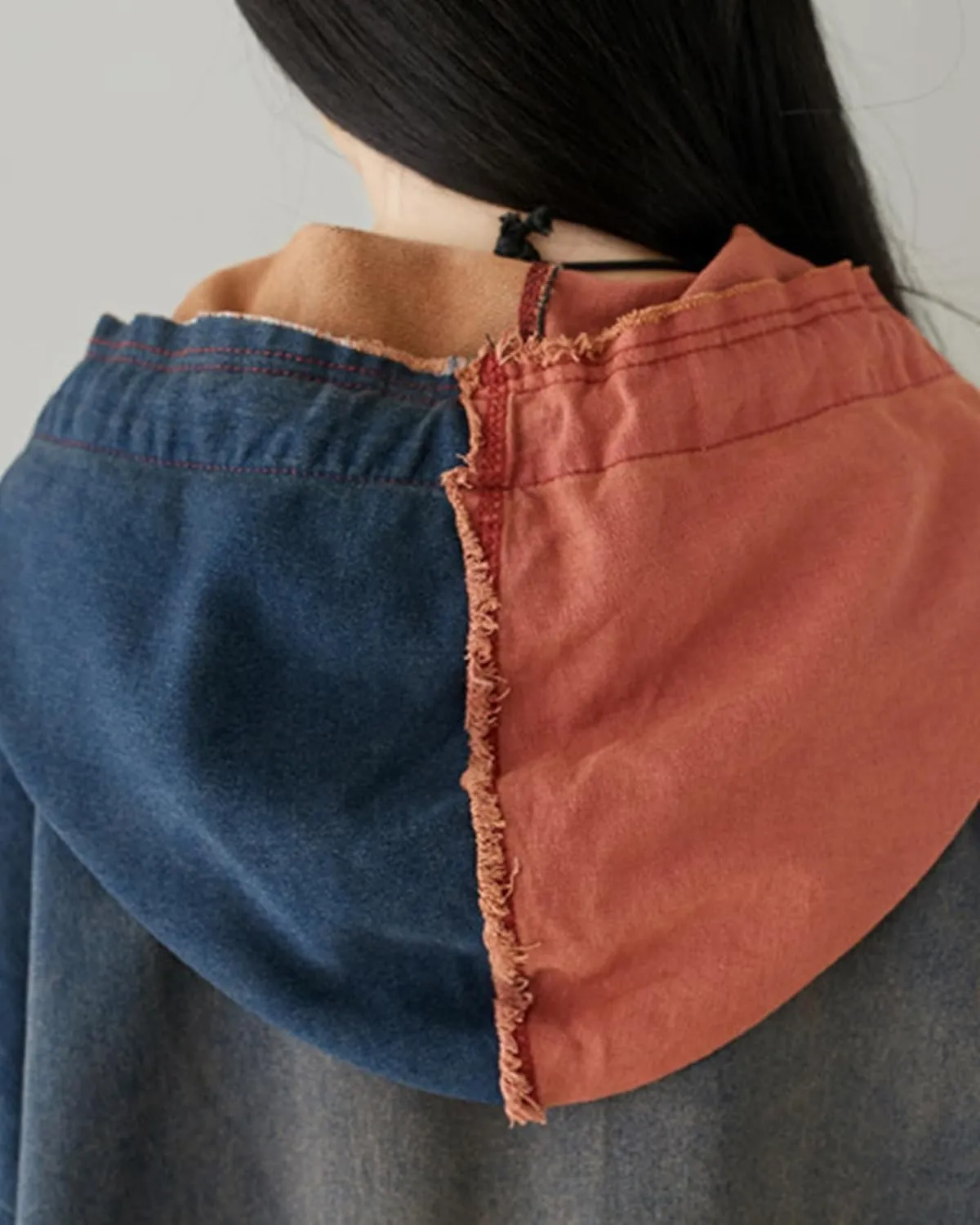 LUZU JUNU Women Fashion Loose Distressed Denim Trench Jacket Coat Casual Bohemian Jean Hooded Outwear with Pockets