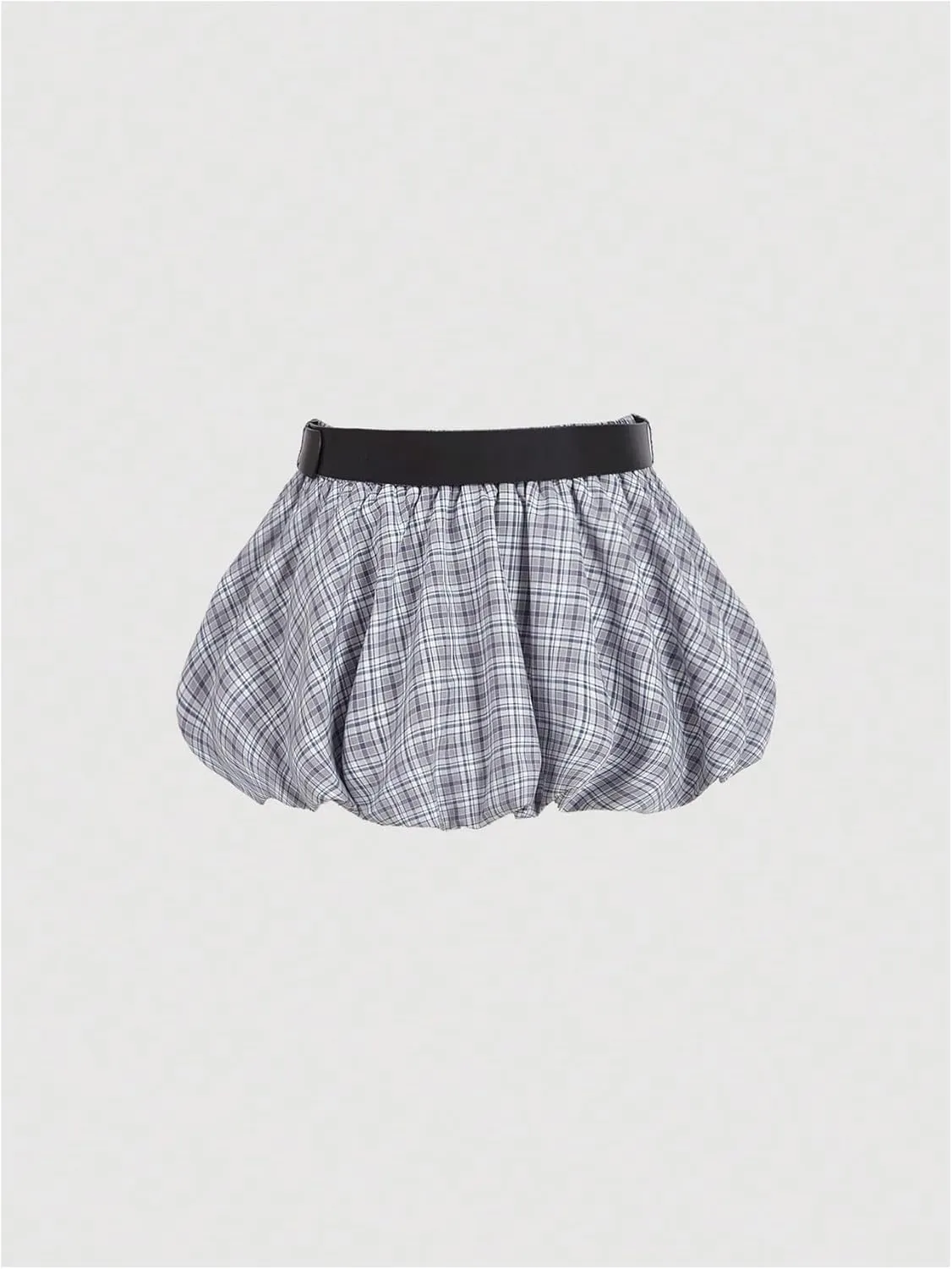 MakeMeChic Women's Plaid Pleated Puffy Mini Skirt Y2K Low Waisted Belted Bubble Skirts