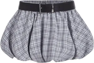 MakeMeChic Women's Plaid Pleated Puffy Mini Skirt Y2K Low Waisted Belted Bubble Skirts
