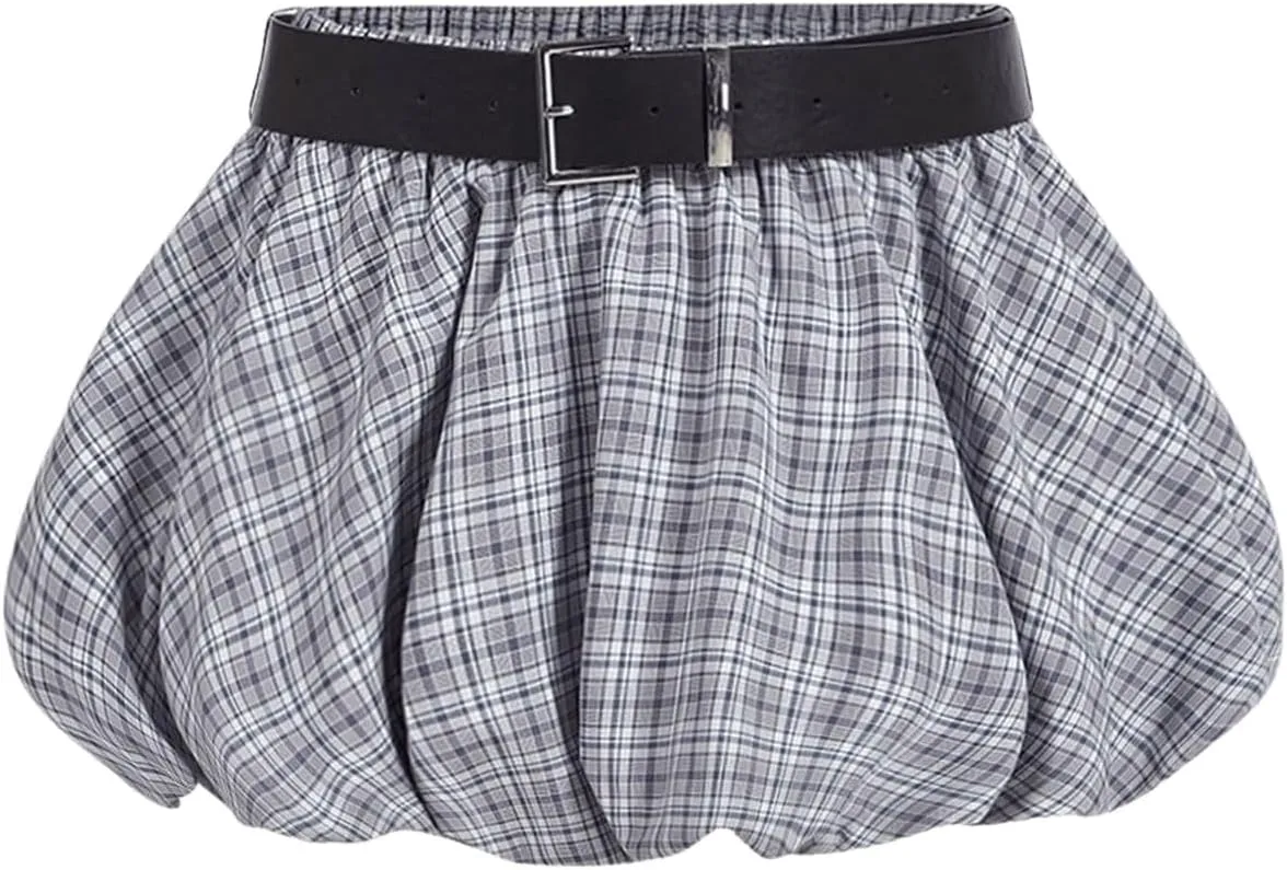 MakeMeChic Women's Plaid Pleated Puffy Mini Skirt Y2K Low Waisted Belted Bubble Skirts