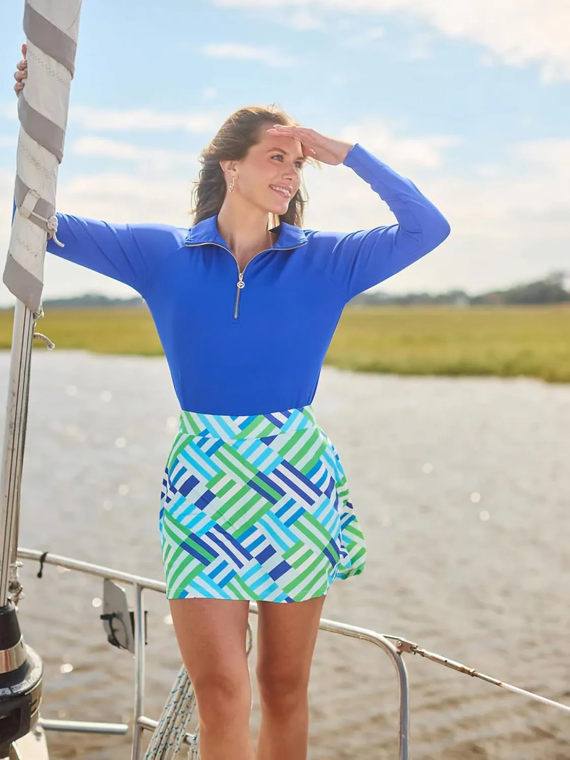 Mary Square Skort Saratoga Swept Away Green Polyester Women's Long Sleeve Quarter Zip Golf Shirt & Geometric Skort Outfit Set