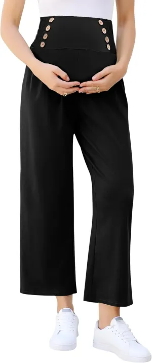 Maternity Pants Women's Smocked High Waisted Double Breasted Wide Leg Long Trousers Pregnancy Loose Lounge Sweatpants