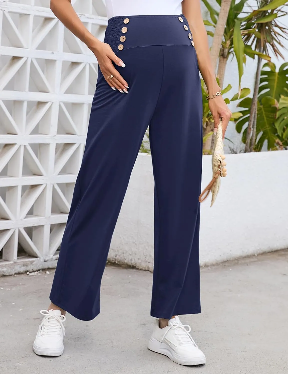 Maternity Pants Women's Smocked High Waisted Double Breasted Wide Leg Long Trousers Pregnancy Loose Lounge Sweatpants