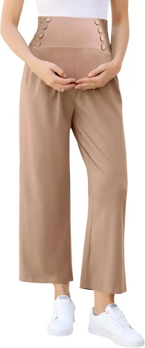 Maternity Pants Women's Smocked High Waisted Double Breasted Wide Leg Long Trousers Pregnancy Loose Lounge Sweatpants
