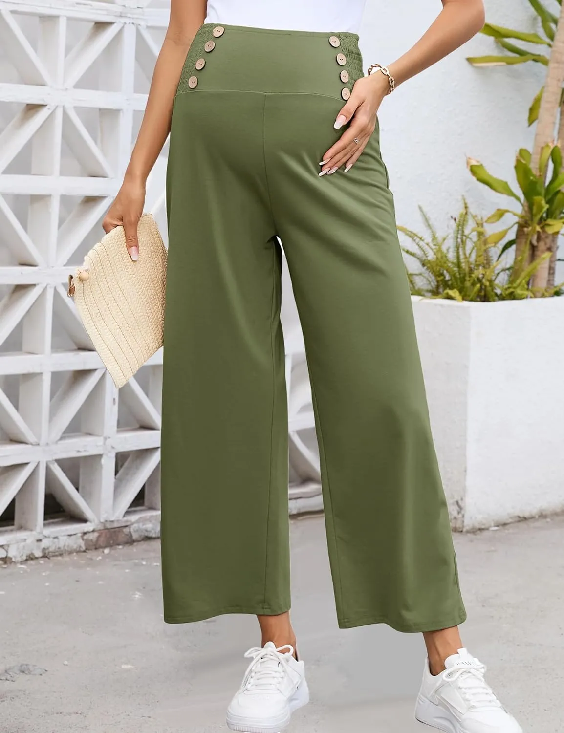 Maternity Pants Women's Smocked High Waisted Double Breasted Wide Leg Long Trousers Pregnancy Loose Lounge Sweatpants