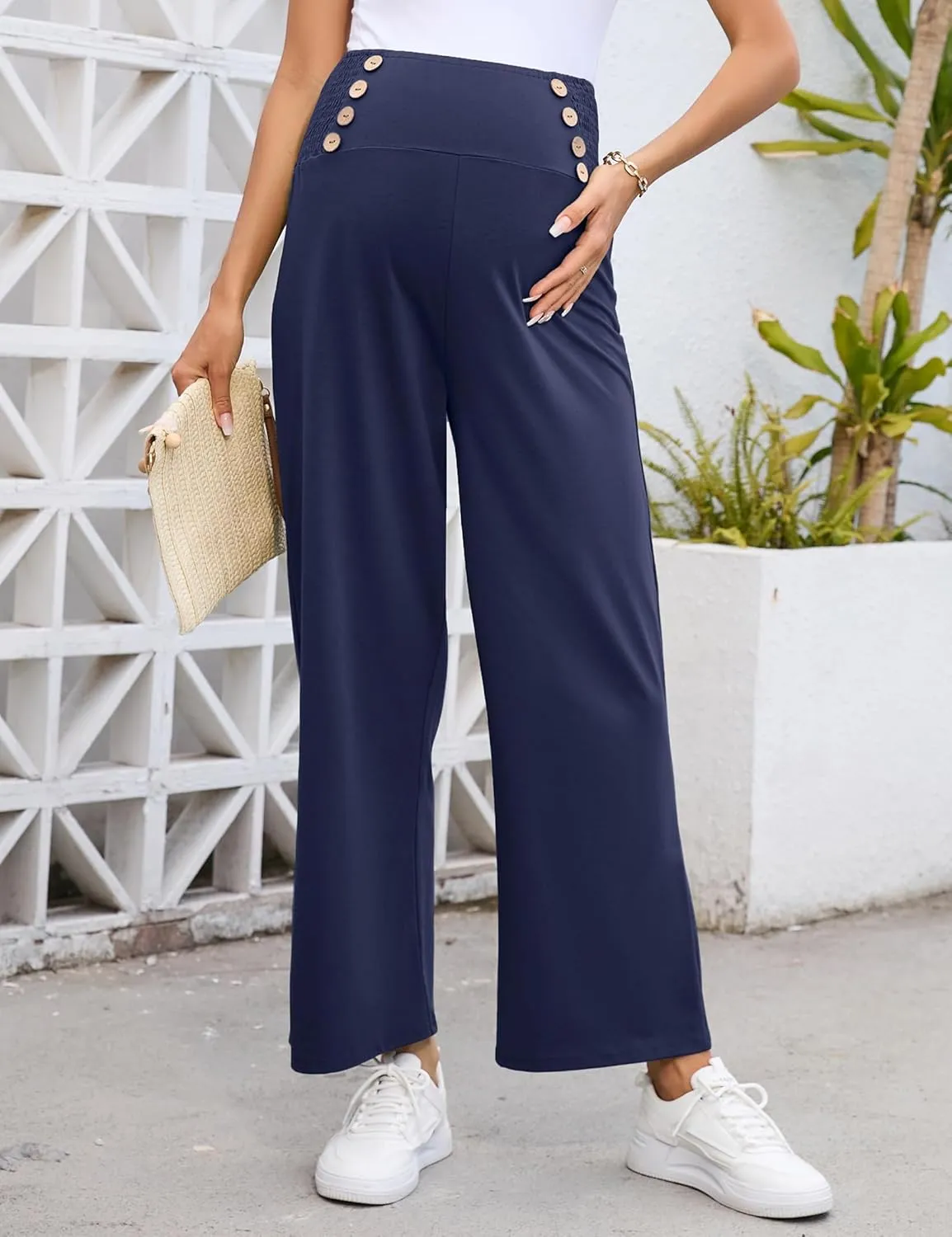 Maternity Pants Women's Smocked High Waisted Double Breasted Wide Leg Long Trousers Pregnancy Loose Lounge Sweatpants