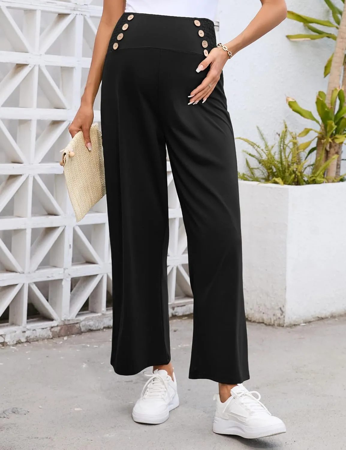 Maternity Pants Women's Smocked High Waisted Double Breasted Wide Leg Long Trousers Pregnancy Loose Lounge Sweatpants
