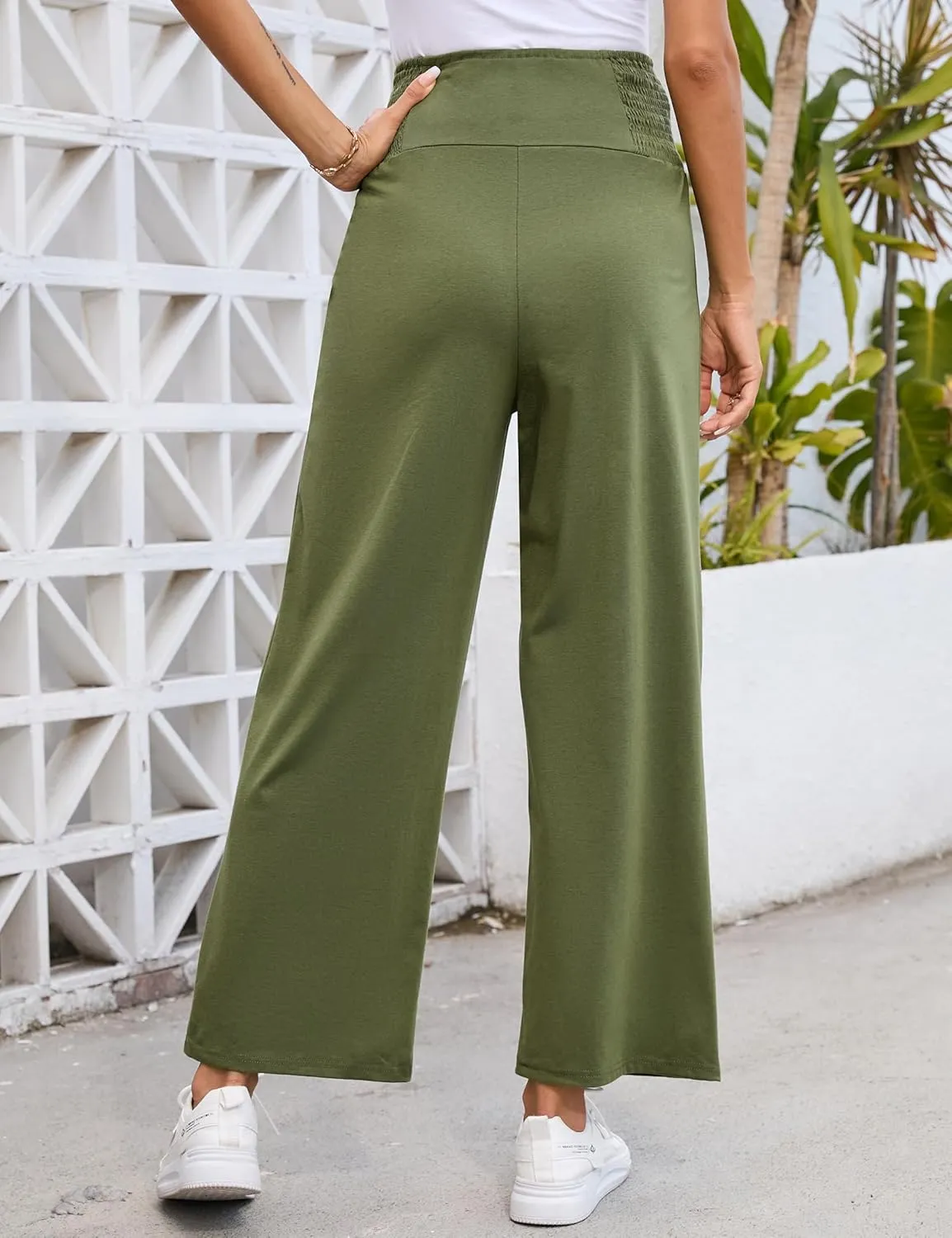 Maternity Pants Women's Smocked High Waisted Double Breasted Wide Leg Long Trousers Pregnancy Loose Lounge Sweatpants