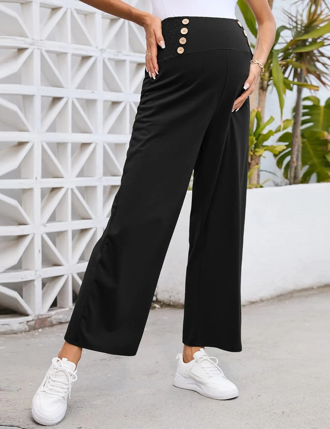 Maternity Pants Women's Smocked High Waisted Double Breasted Wide Leg Long Trousers Pregnancy Loose Lounge Sweatpants