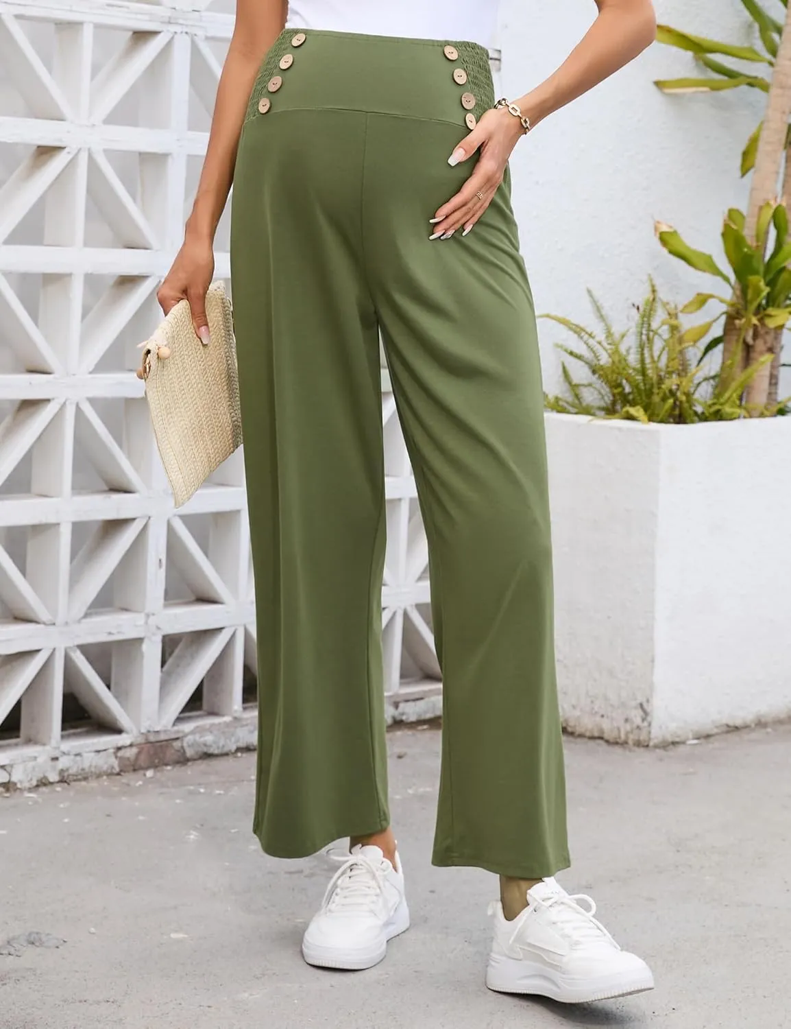 Maternity Pants Women's Smocked High Waisted Double Breasted Wide Leg Long Trousers Pregnancy Loose Lounge Sweatpants