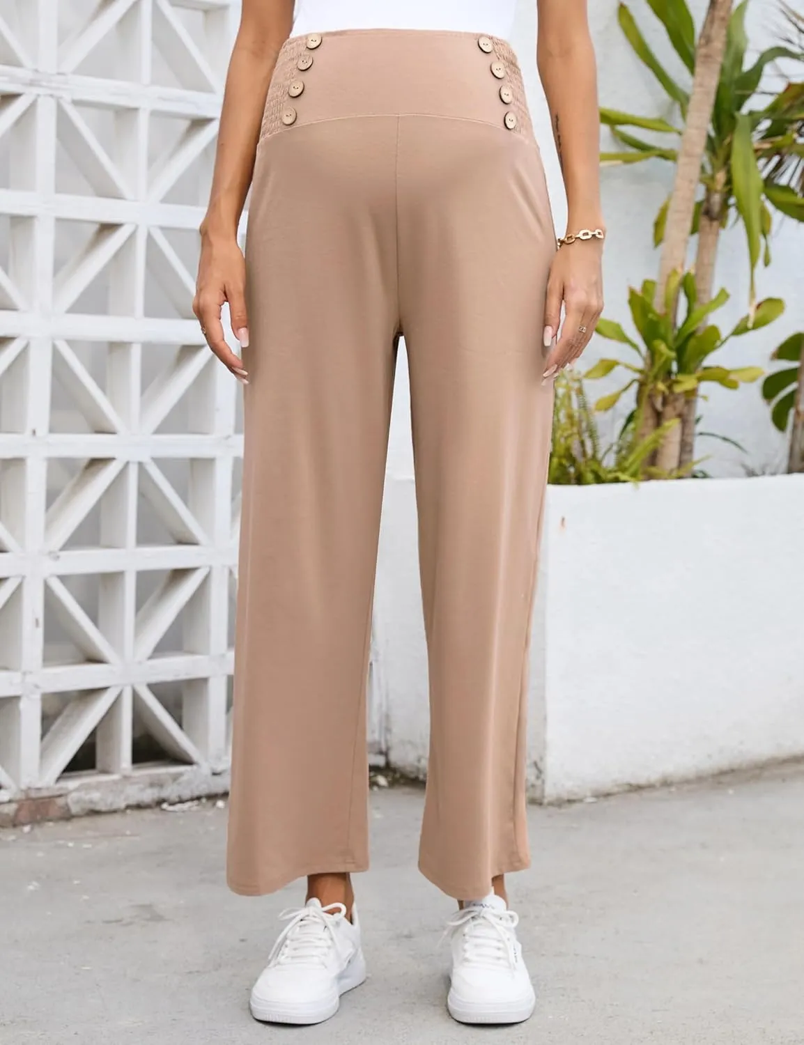 Maternity Pants Women's Smocked High Waisted Double Breasted Wide Leg Long Trousers Pregnancy Loose Lounge Sweatpants