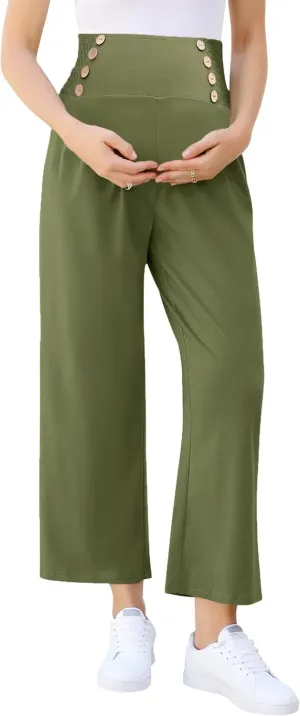 Maternity Pants Women's Smocked High Waisted Double Breasted Wide Leg Long Trousers Pregnancy Loose Lounge Sweatpants