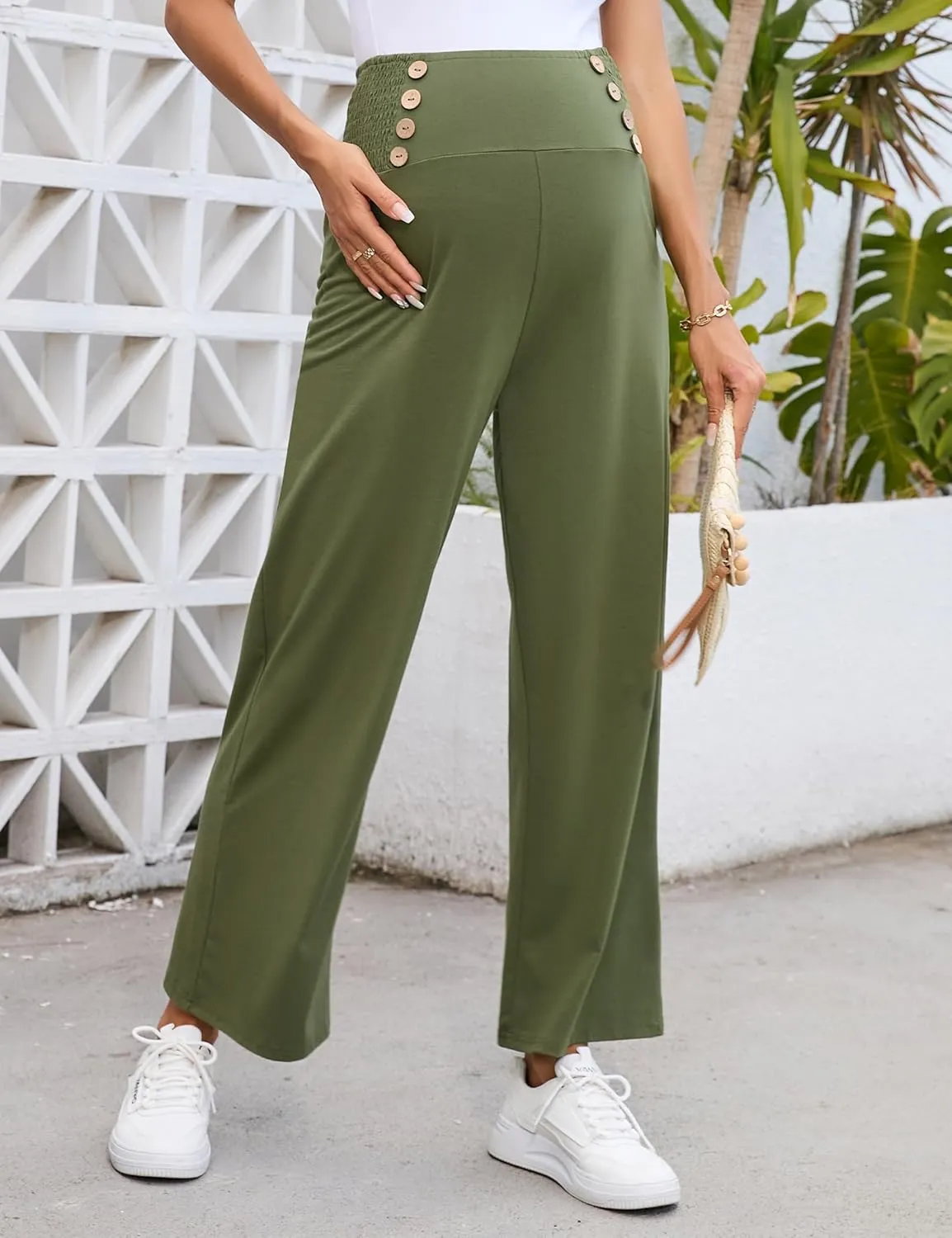 Maternity Pants Women's Smocked High Waisted Double Breasted Wide Leg Long Trousers Pregnancy Loose Lounge Sweatpants