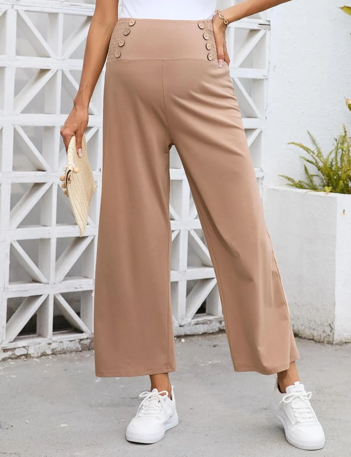 Maternity Pants Women's Smocked High Waisted Double Breasted Wide Leg Long Trousers Pregnancy Loose Lounge Sweatpants