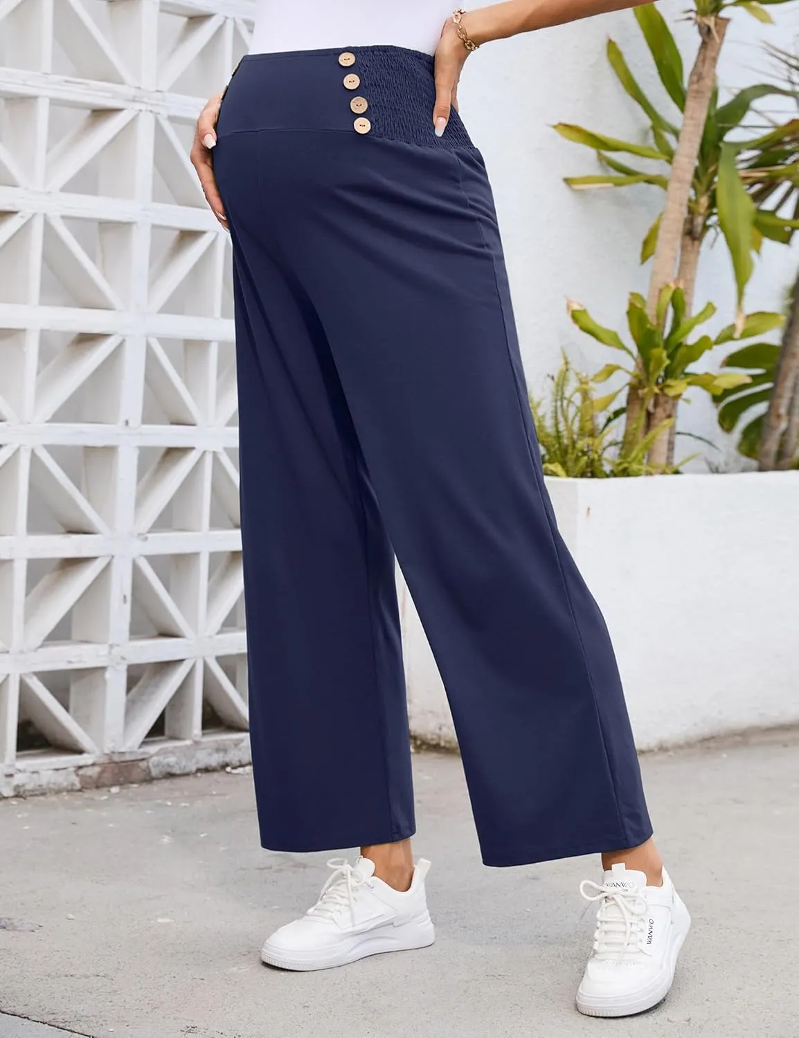 Maternity Pants Women's Smocked High Waisted Double Breasted Wide Leg Long Trousers Pregnancy Loose Lounge Sweatpants
