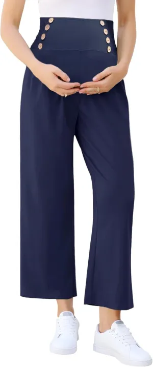 Maternity Pants Women's Smocked High Waisted Double Breasted Wide Leg Long Trousers Pregnancy Loose Lounge Sweatpants
