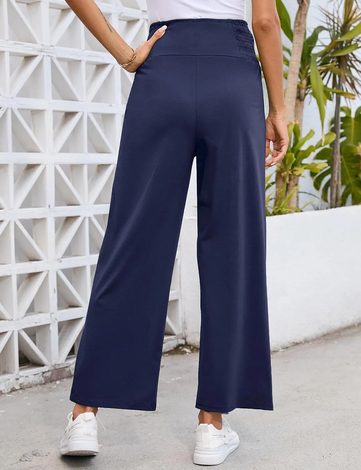 Maternity Pants Women's Smocked High Waisted Double Breasted Wide Leg Long Trousers Pregnancy Loose Lounge Sweatpants