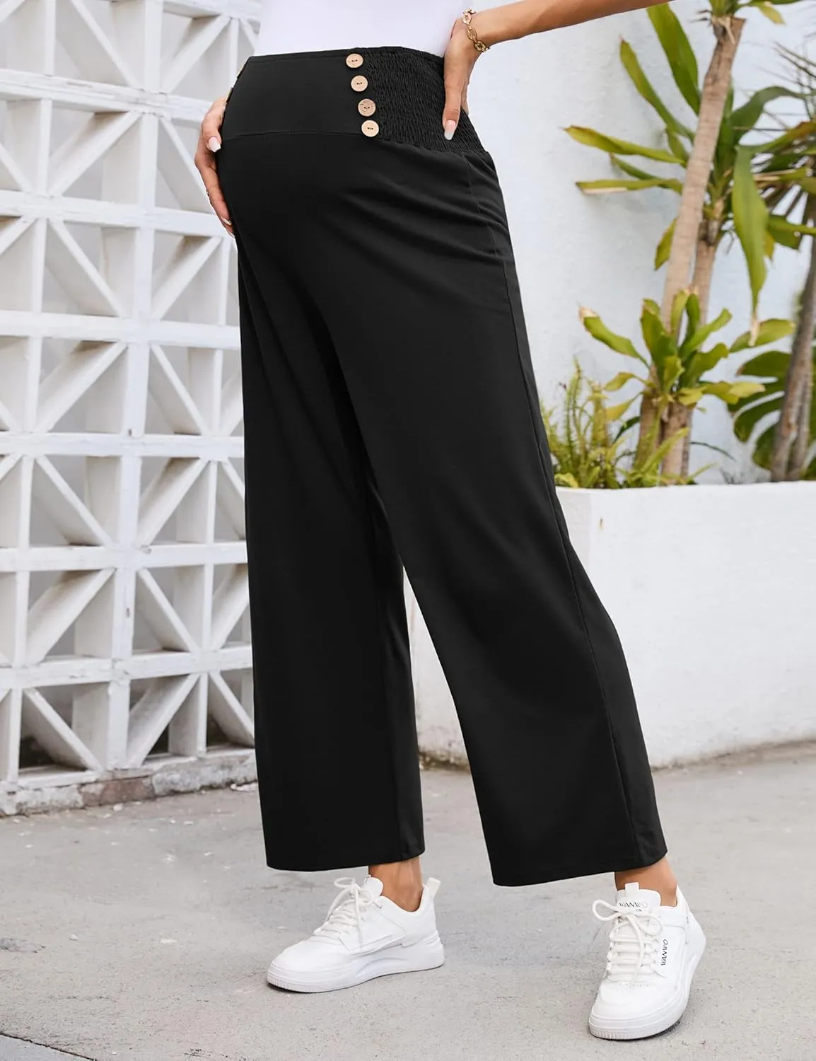 Maternity Pants Women's Smocked High Waisted Double Breasted Wide Leg Long Trousers Pregnancy Loose Lounge Sweatpants