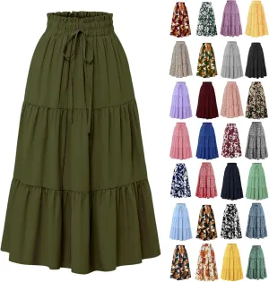 Maxi Skirts for Women 2025 Summer Bohemian High Waisted Long Skirts Flowy Beach Boho Floral Tiered Midi Skirt