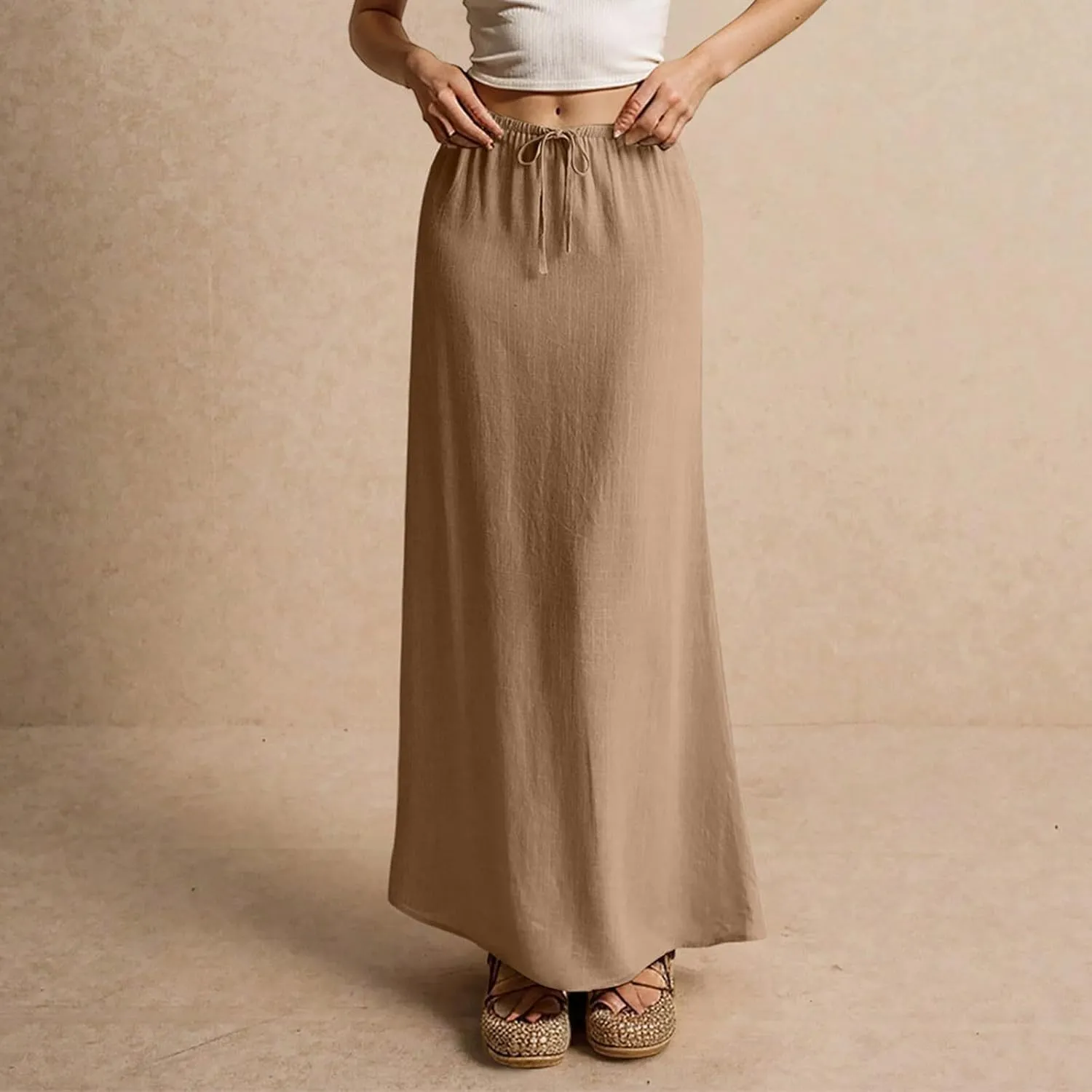 Maxi Skirts for Women Cotton Linen Maxi Summer Comfy Drawstring Low Waist Skirts Long Flowy Vacation Bohemian