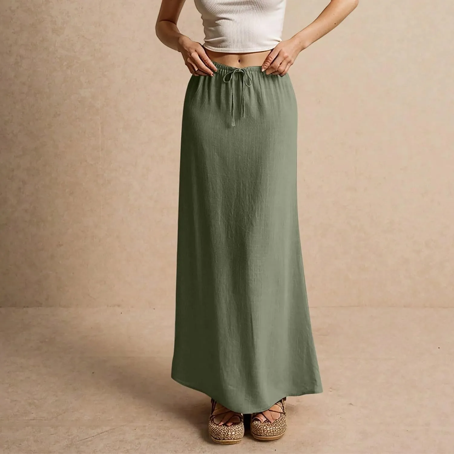 Maxi Skirts for Women Cotton Linen Maxi Summer Comfy Drawstring Low Waist Skirts Long Flowy Vacation Bohemian