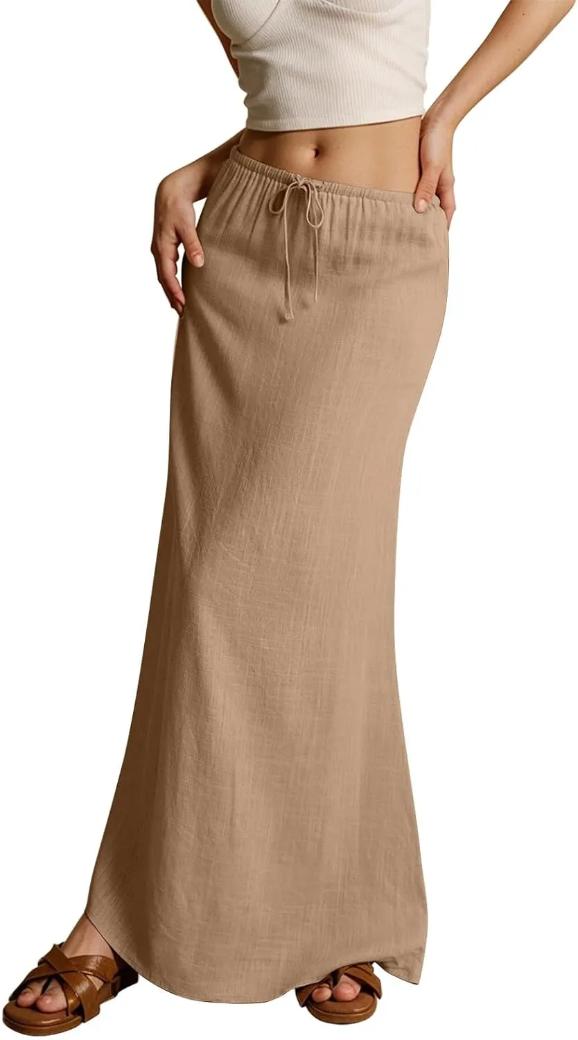 Maxi Skirts for Women Cotton Linen Maxi Summer Comfy Drawstring Low Waist Skirts Long Flowy Vacation Bohemian