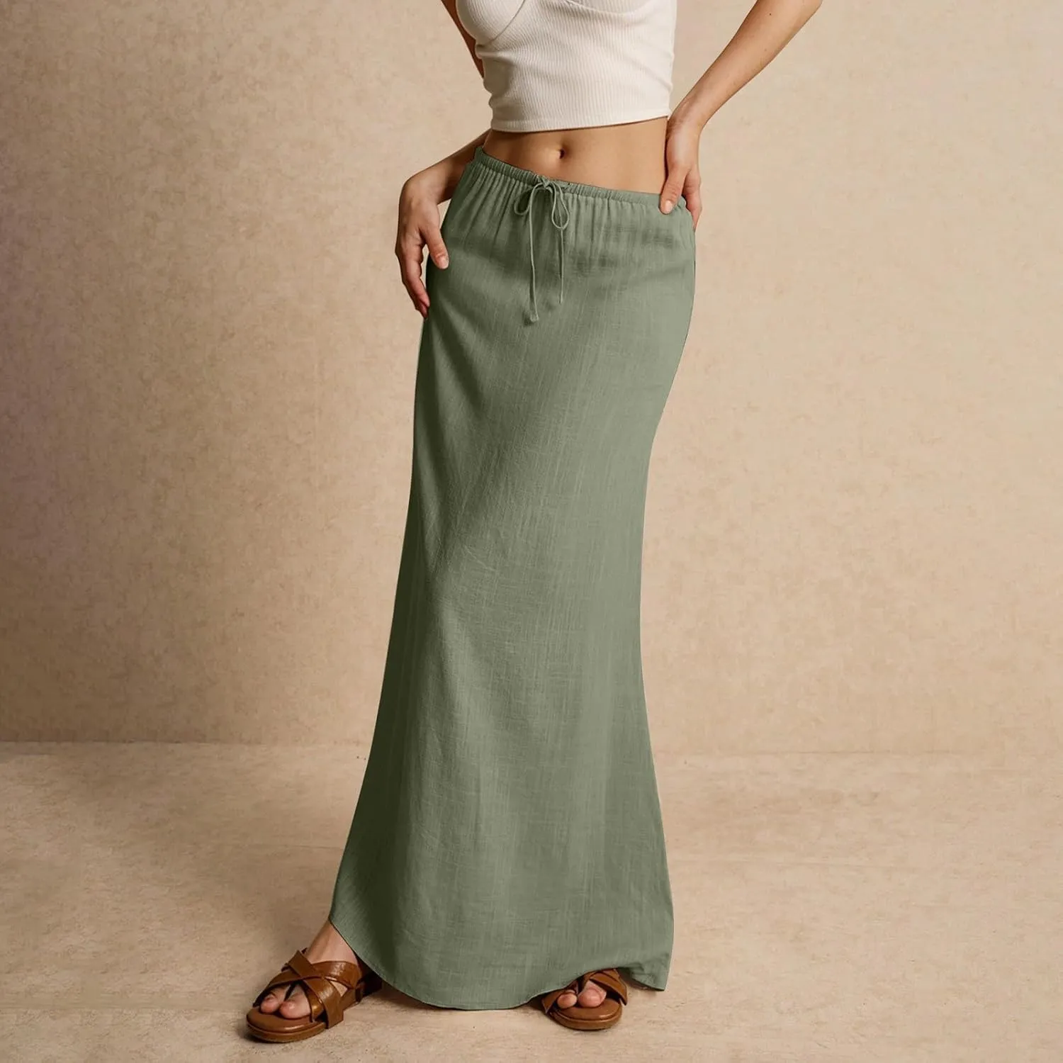 Maxi Skirts for Women Cotton Linen Maxi Summer Comfy Drawstring Low Waist Skirts Long Flowy Vacation Bohemian