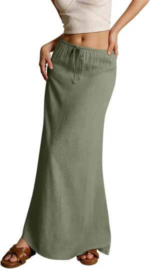 Maxi Skirts for Women Cotton Linen Maxi Summer Comfy Drawstring Low Waist Skirts Long Flowy Vacation Bohemian