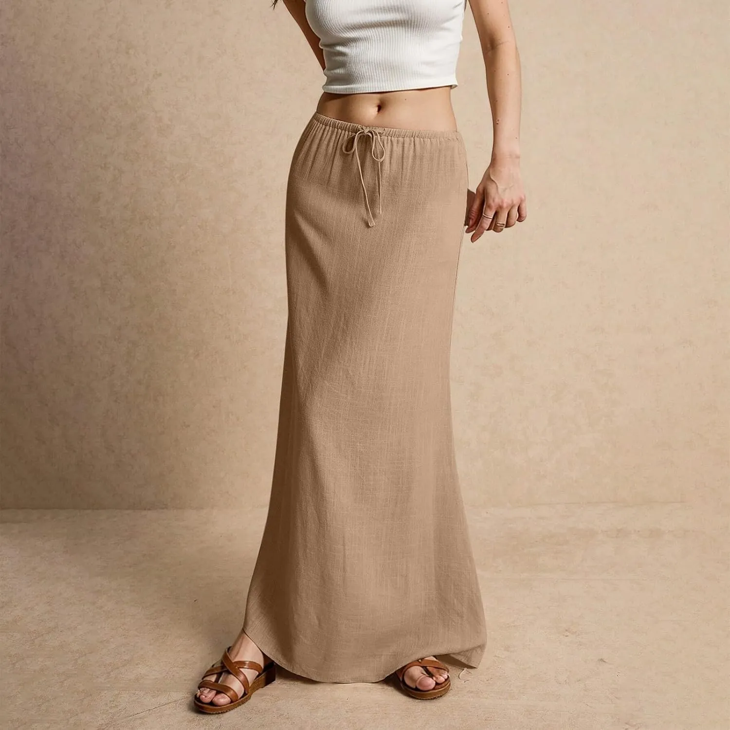 Maxi Skirts for Women Cotton Linen Maxi Summer Comfy Drawstring Low Waist Skirts Long Flowy Vacation Bohemian