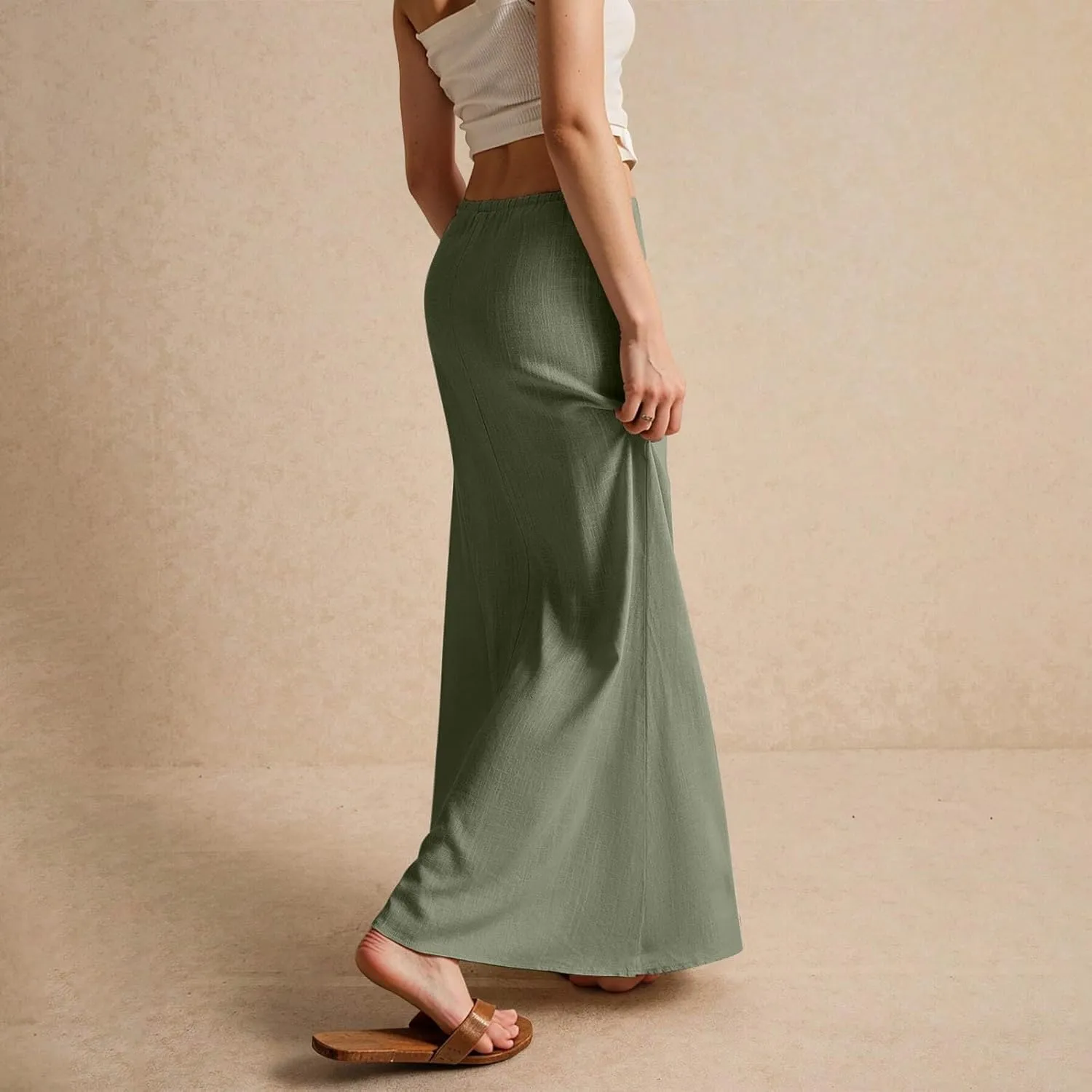 Maxi Skirts for Women Cotton Linen Maxi Summer Comfy Drawstring Low Waist Skirts Long Flowy Vacation Bohemian