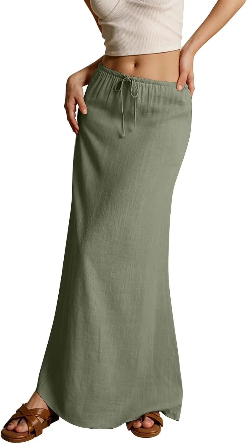 Maxi Skirts for Women Cotton Linen Maxi Summer Comfy Drawstring Low Waist Skirts Long Flowy Vacation Bohemian
