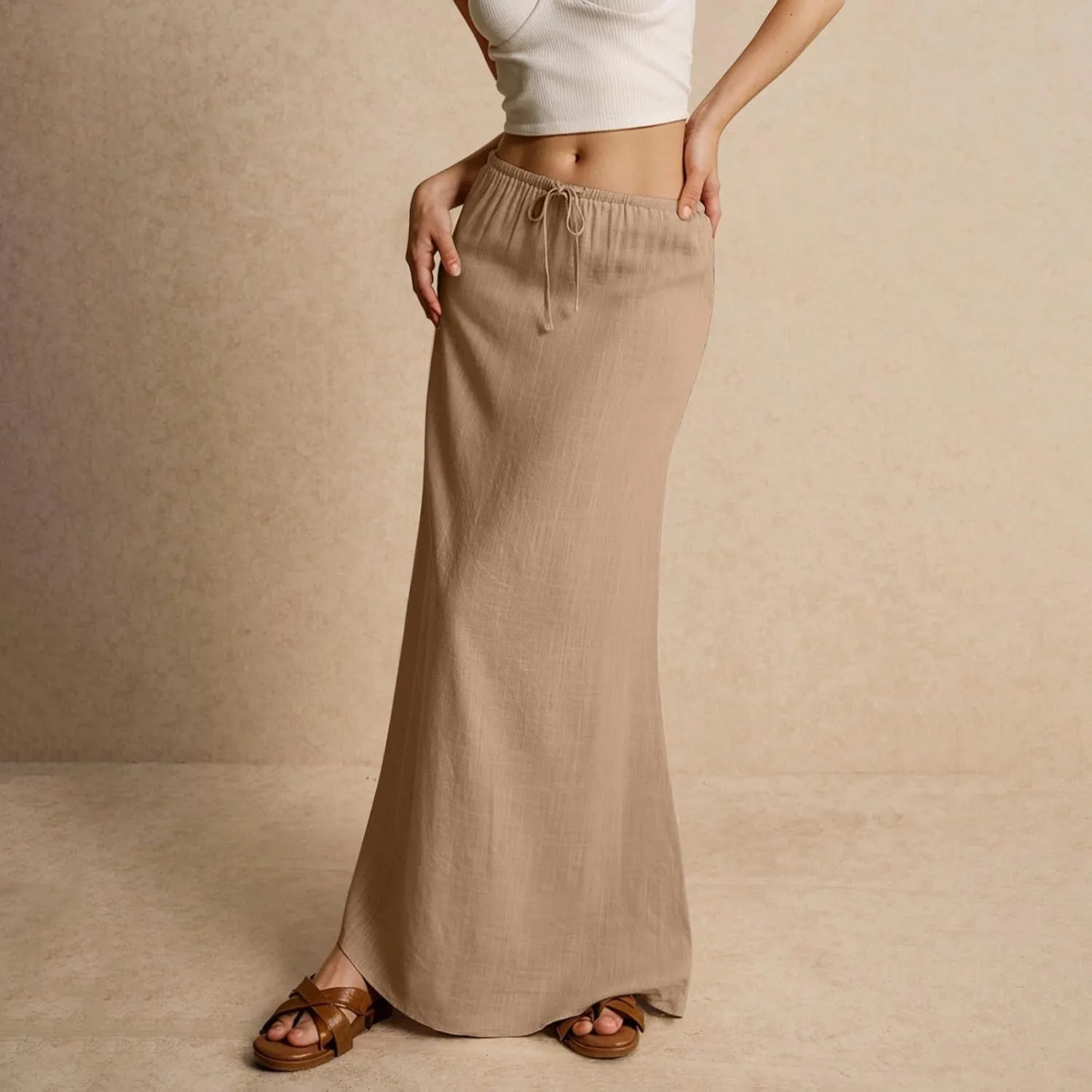 Maxi Skirts for Women Cotton Linen Maxi Summer Comfy Drawstring Low Waist Skirts Long Flowy Vacation Bohemian