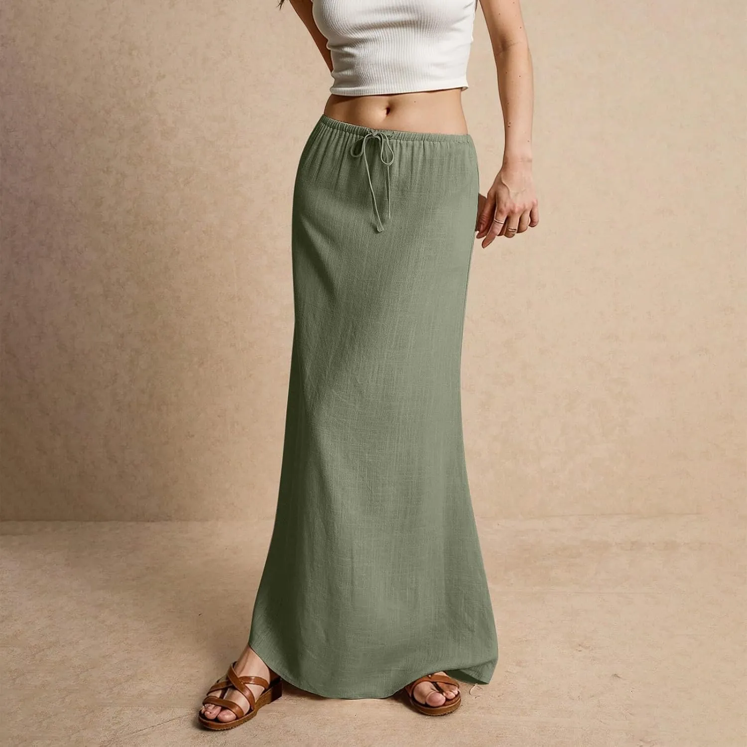 Maxi Skirts for Women Cotton Linen Maxi Summer Comfy Drawstring Low Waist Skirts Long Flowy Vacation Bohemian