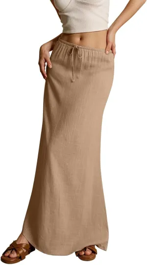 Maxi Skirts for Women Cotton Linen Maxi Summer Comfy Drawstring Low Waist Skirts Long Flowy Vacation Bohemian