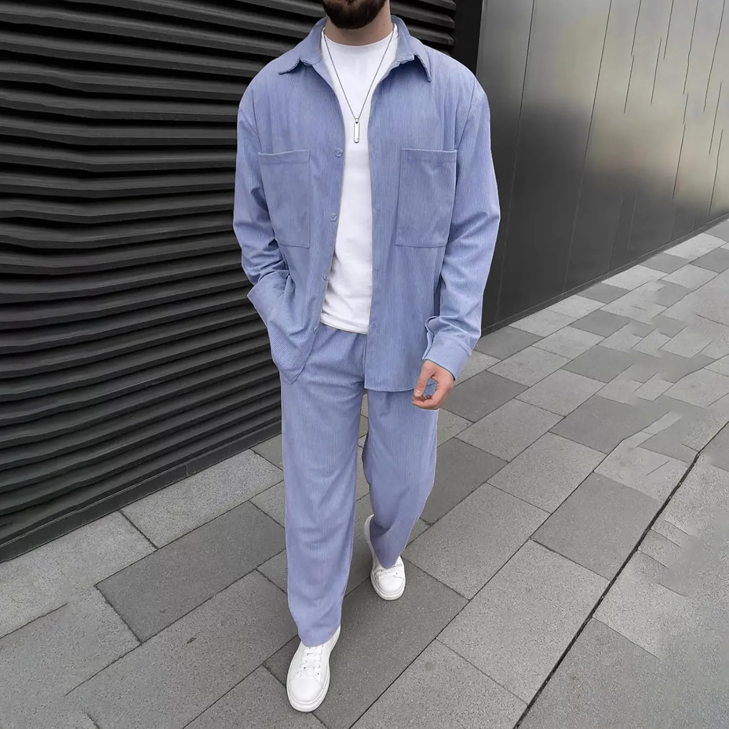 Men's Corduroy Set Lapel Button Long Sleeve Knitted Shirt Tops Elastic Waist Straight Leg Trousers Fashion Tracksuit