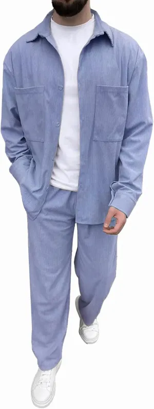 Men's Corduroy Set Lapel Button Long Sleeve Knitted Shirt Tops Elastic Waist Straight Leg Trousers Fashion Tracksuit