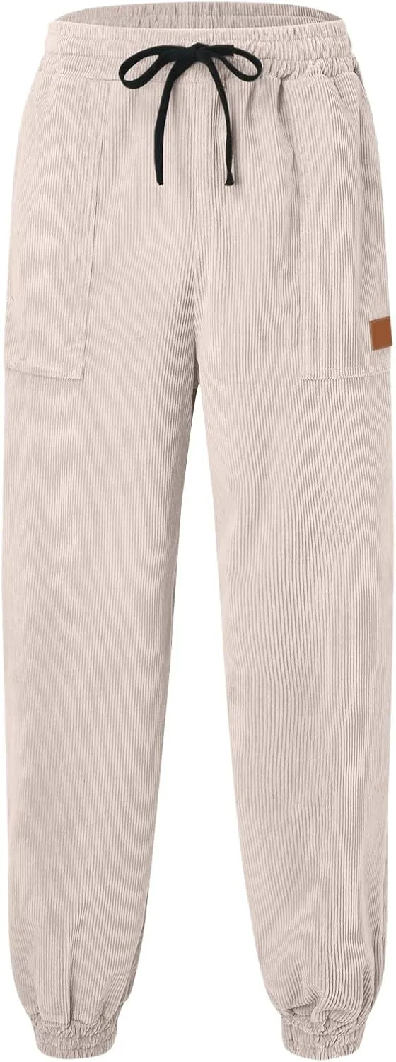 Mens Corduroy Tapered Joggers Sweatpants Drawstring Elastic Waist Baggy Cargo Pants Oversized Loose Casual Harem Pant