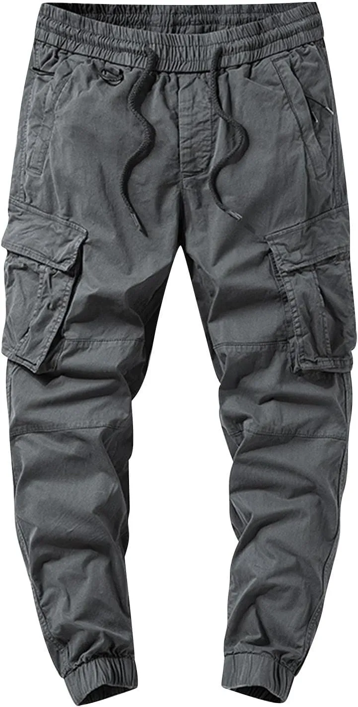 Men's Joggers Pants Casual Baggy Cotton Drawstring Tapered Sweatpants Cargo Loose Fit Trousers with Multi-Pocket