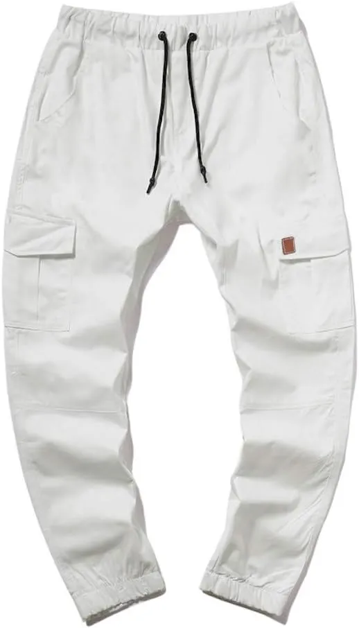 Mens Twill Cotton Joggers Cargo Pants Drawstring Cotton Slim Fit Chino Trousers Casual Fitness Track Jogging Pants